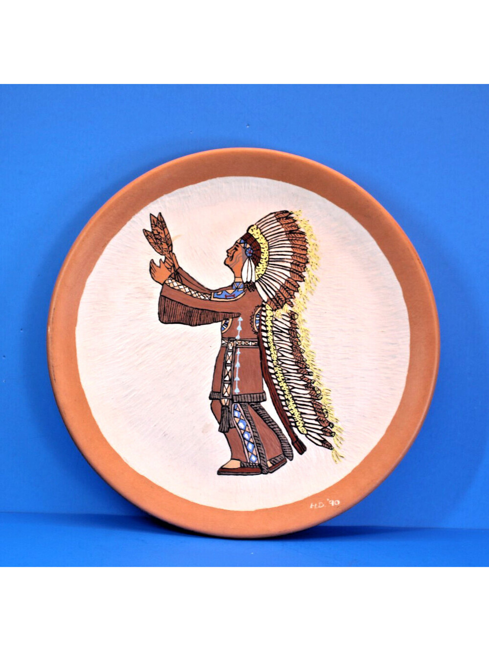 Vtg Handpainted Terra Cotta 13" Plate N.A. SW Traditional Headdress Signed '90